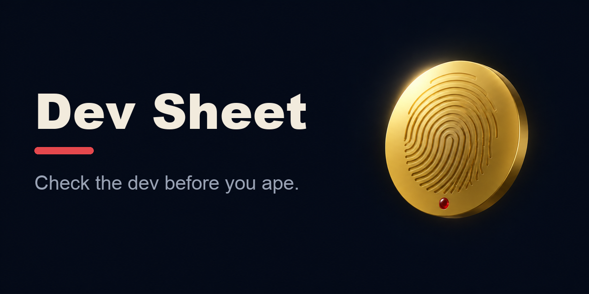 Dev Sheet banner: the Dev Sheet wordmark in cream with a stamp-red accent bar on dark ink navy, and the slogan “Check the dev before you ape.”