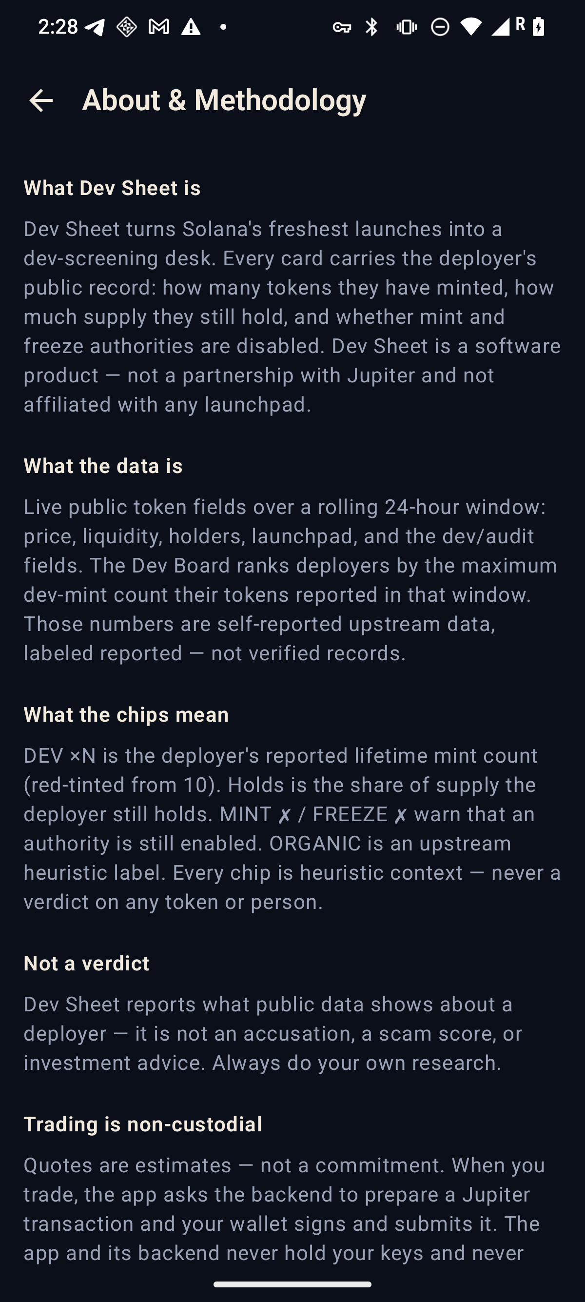 Dev Sheet About and Methodology screen explaining what the data is, what the chips mean, the 'not a verdict' rule, and links to the website's privacy, EULA, and IP declaration pages.