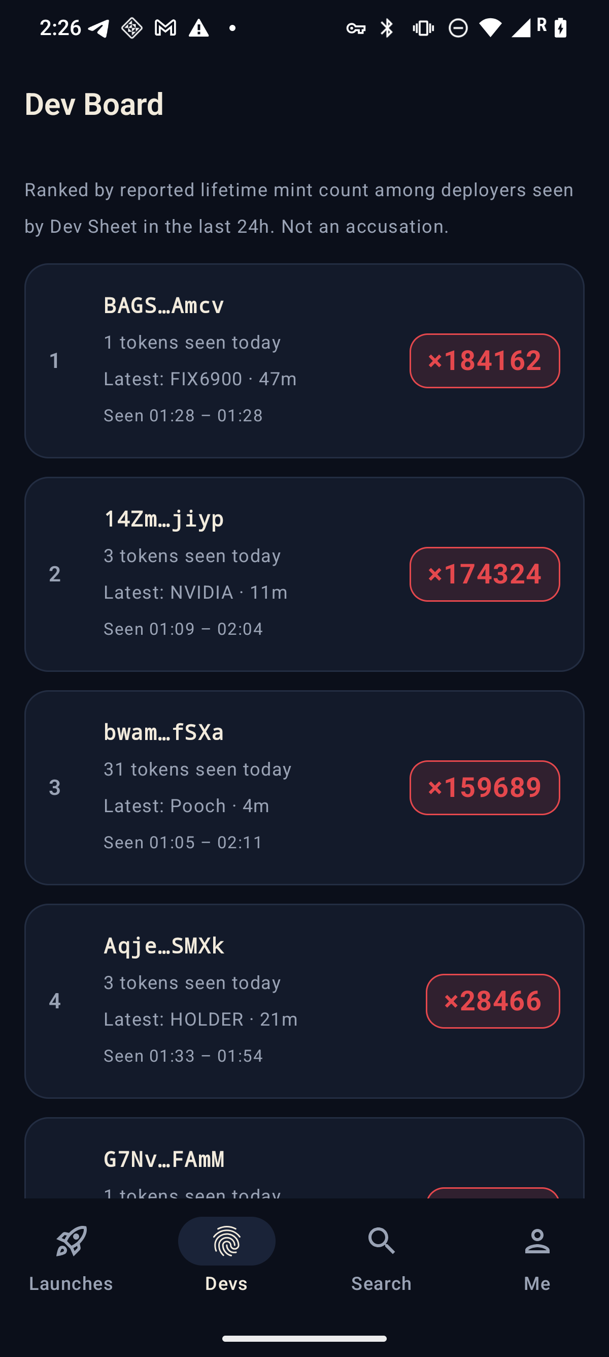 Dev Sheet Dev Board screen ranking deployers by reported lifetime mint count with large red times-N badges, tokens seen today, and the caption noting it is not an accusation.