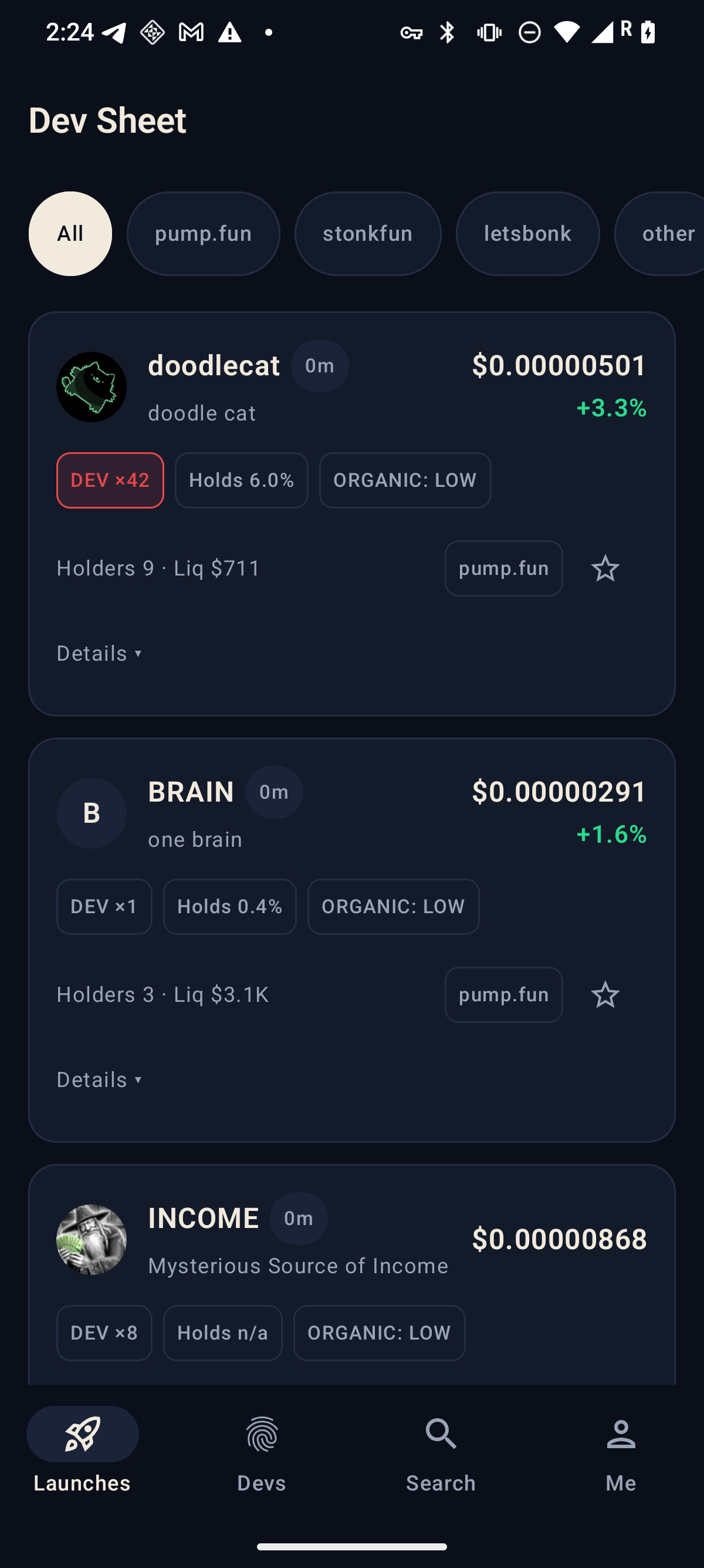 Dev Sheet Launch Feed screen: a list of fresh Solana launches, each card showing symbol, price, 24-hour change, and dev-record chips such as DEV by-N counts, hold percentages, and launchpad labels.
