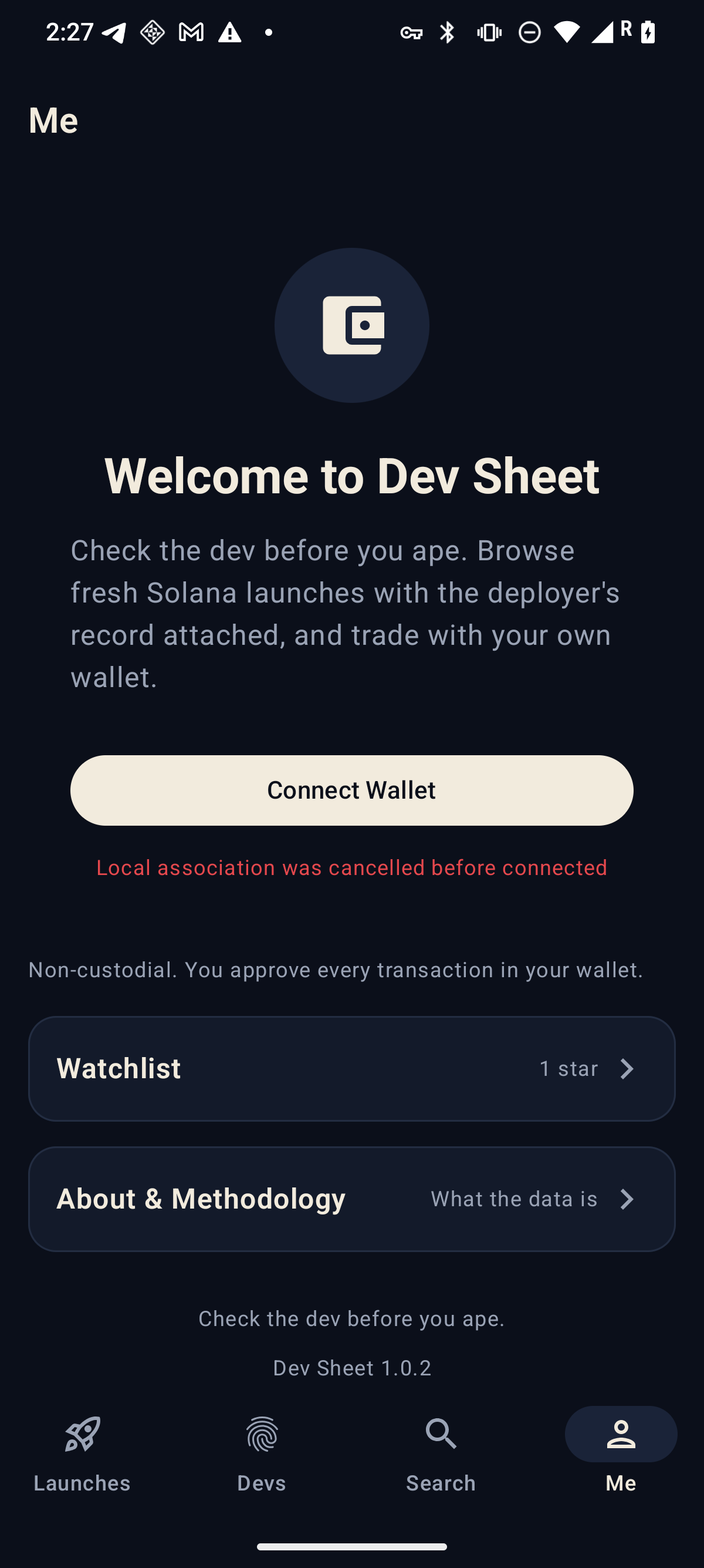Dev Sheet Me tab showing the wallet connect prompt, the non-custodial note 'You approve every transaction in your wallet', watchlist entry, and the version footer.