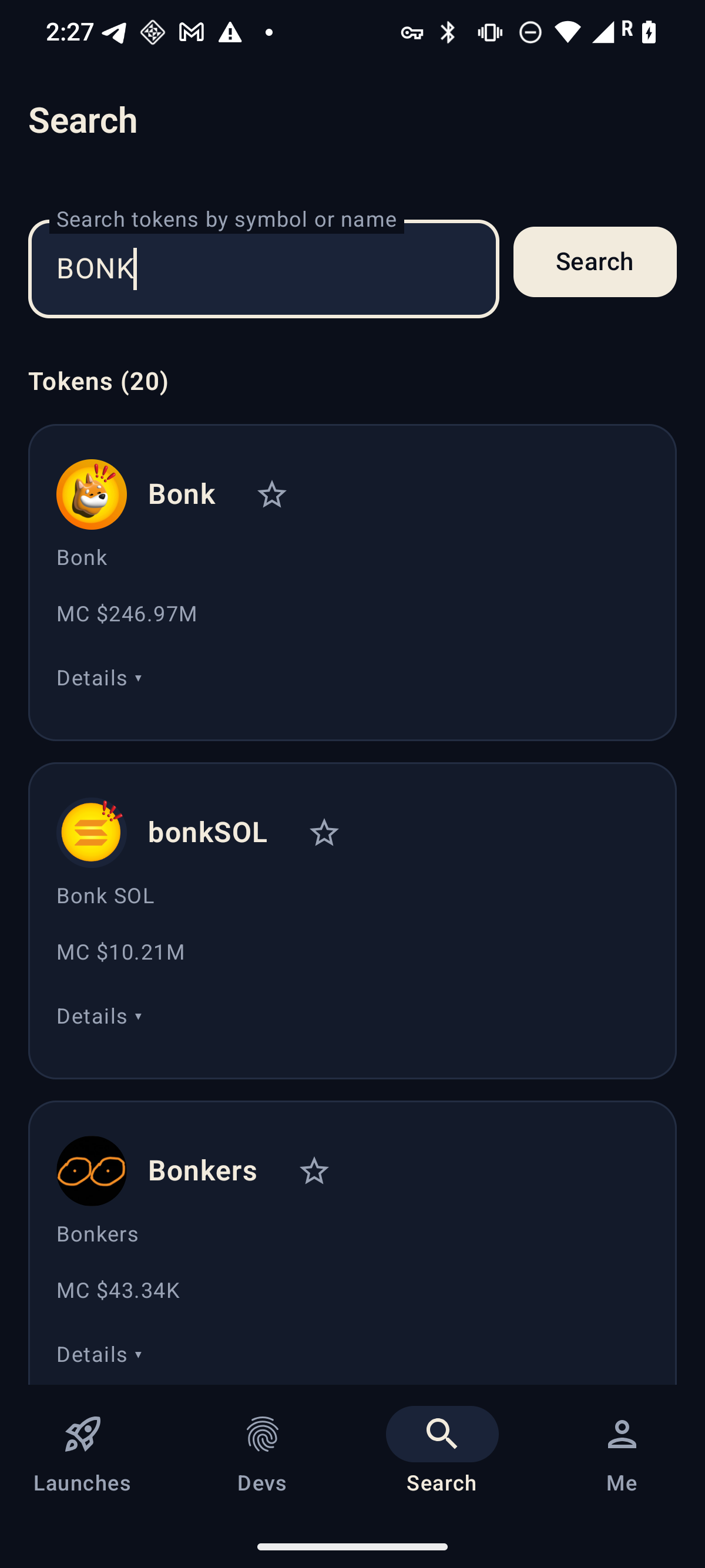 Dev Sheet search screen with results for a token query, showing symbol, name, market data, and dev-record chips where available.