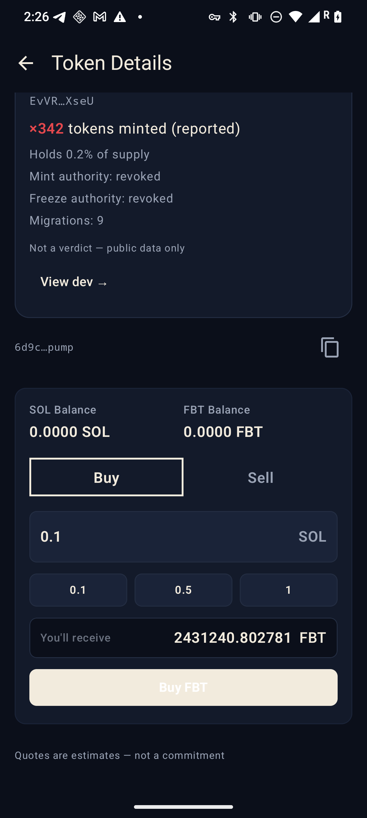 Dev Sheet token detail trading card with Buy and Sell tabs, quick-select amounts, a quote output preview, and the caption 'Quotes are estimates — not a commitment'.