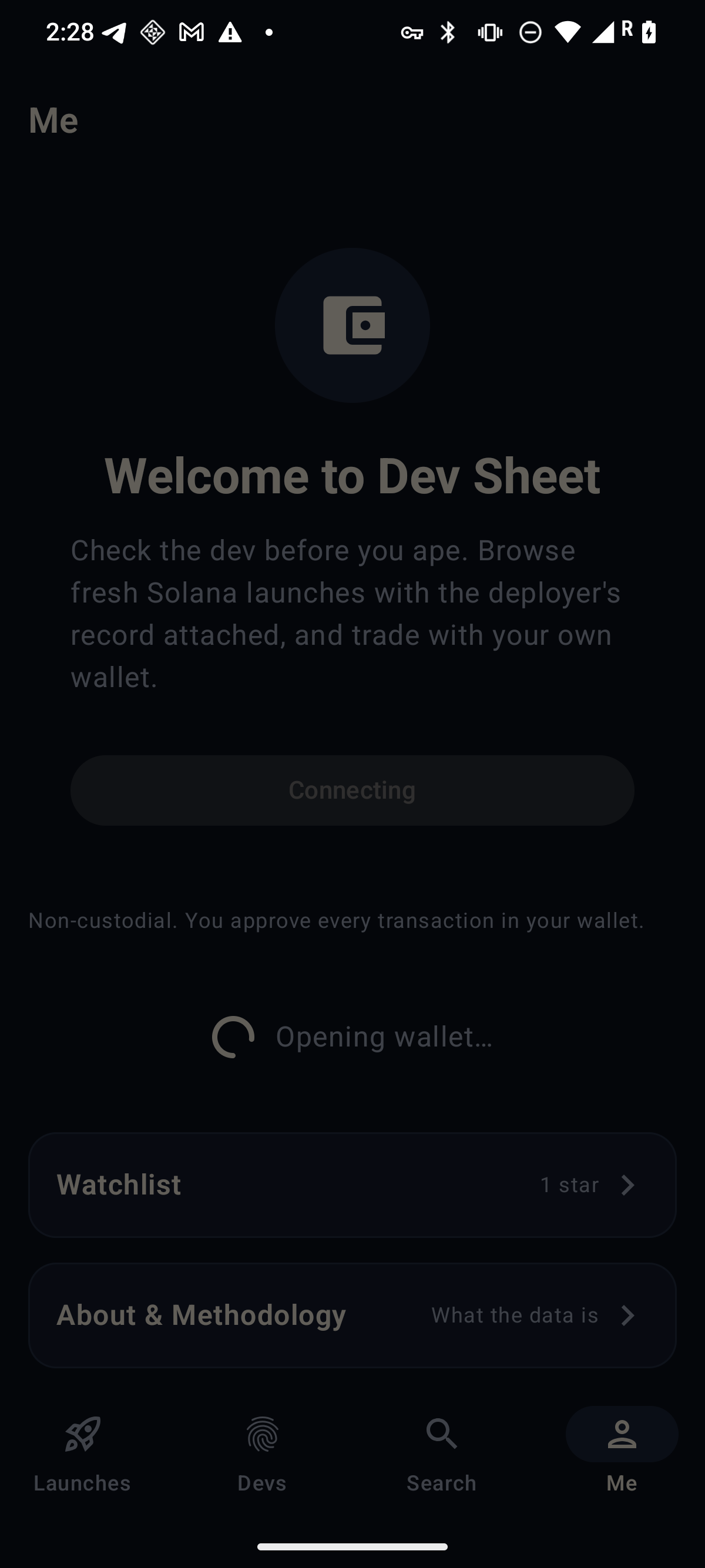 Dev Sheet Me tab showing the wallet connection in progress, with the Connecting button and an Opening wallet message as the app hands off to the Solana Mobile wallet.